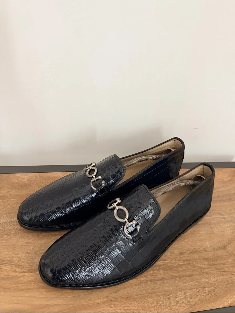 Black Croc-Embossed Slip-On Loafers with Silver Bit Hardware